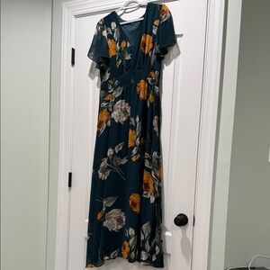 Floral V-Neck Maxi Dress - Green and Orange
